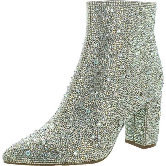 Women's Silver Rhinestone Embellishments Side Zipper Ankle Block Heel Boot - Picture 2 of 5